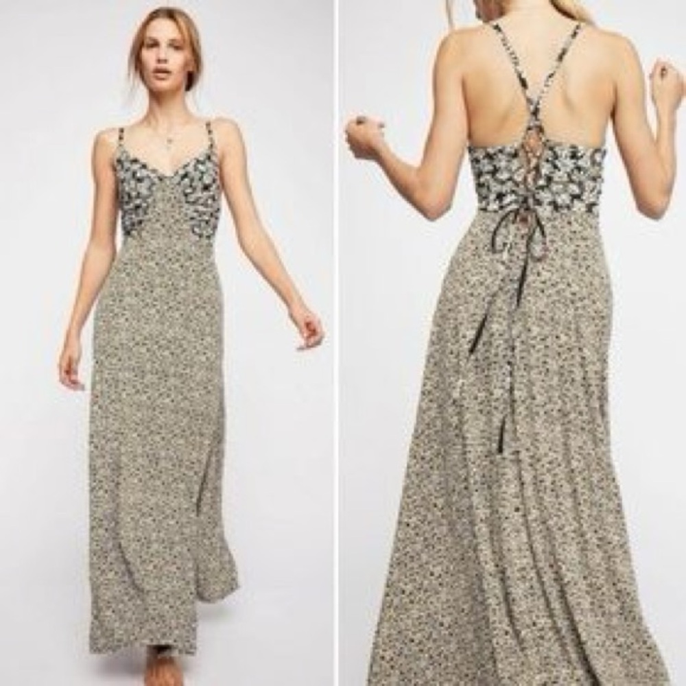 Free People Song of Summer Daisy Print Ruched Front Laced Back Maxi Dress Size S